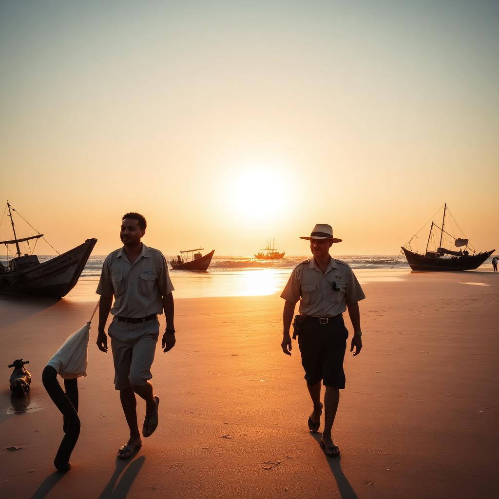 Pascal Tour group walking a West African beach at golden hour with fishing pirogues