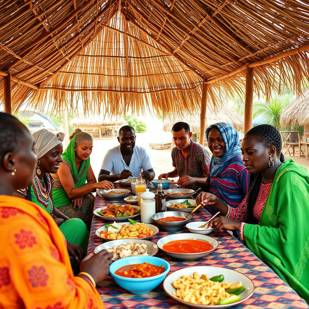 European travelers sharing a traditional meal with a West African family