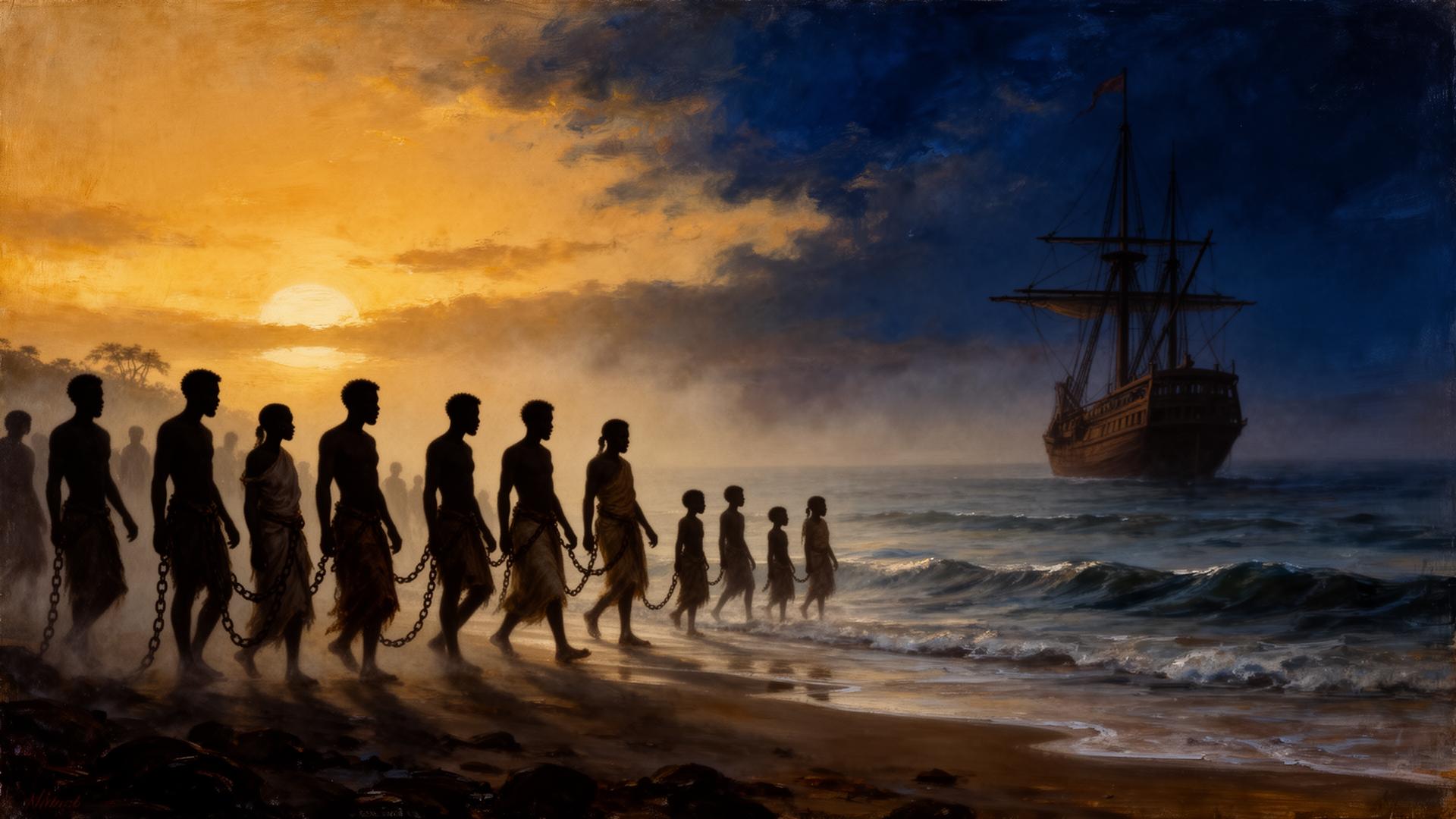 Chained Africans walking to a slave ship at dawn — historical memorial