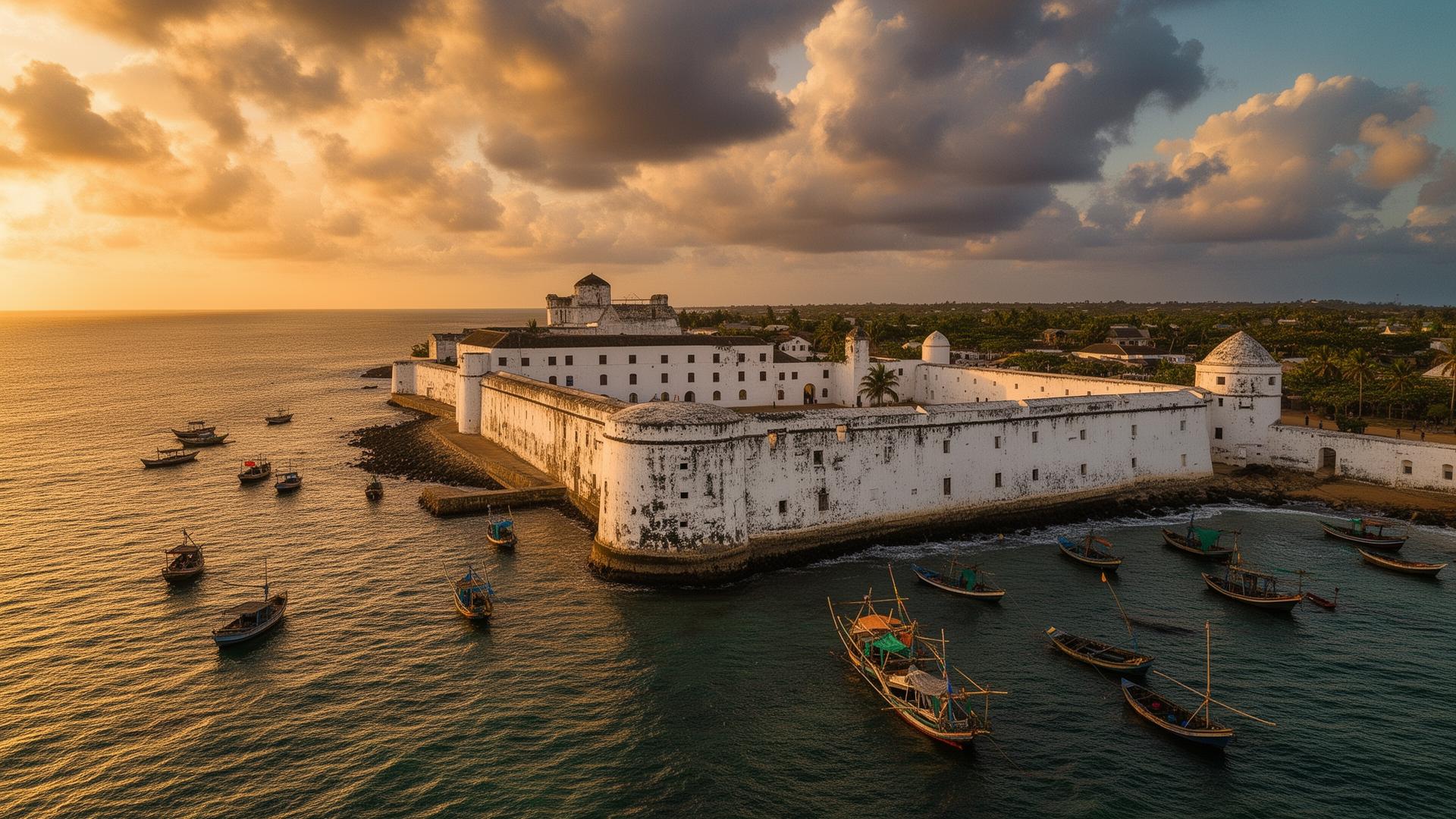 Aerial view of Elmina slave castle on the Ghanaian coast at sunset
