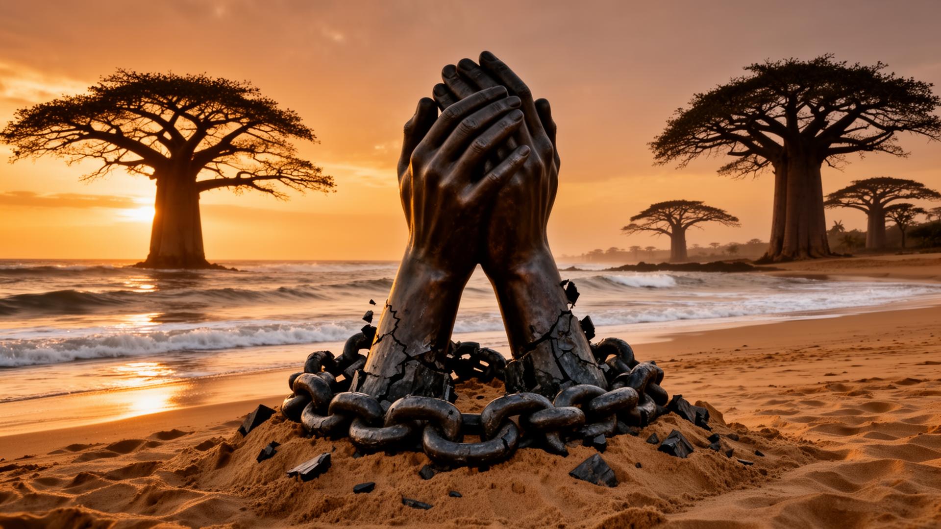 Memorial sculpture of broken chains and clasped hands on a Senegalese beach